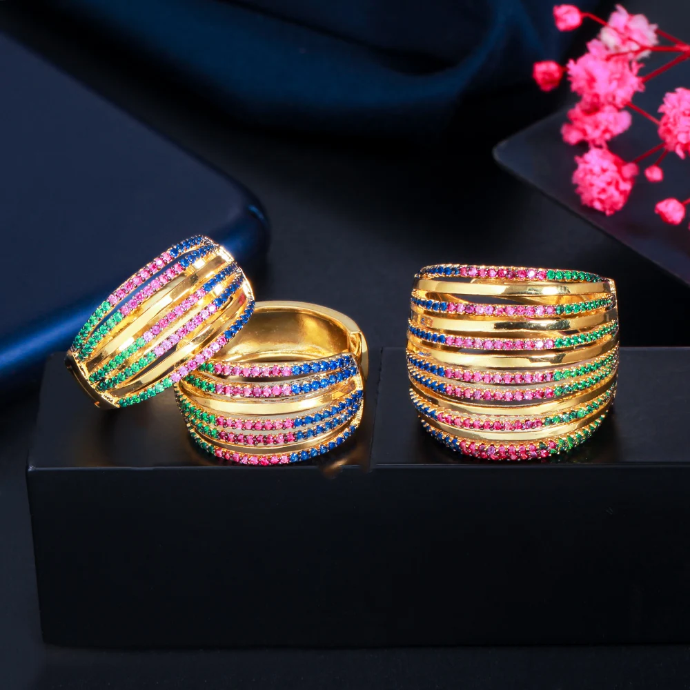 Geometric Endless Circle Round Rainbow Red Blue Cubic Zirconia Stone 18k Gold Plated Hoop Earrings Ring Jewelry Set Women Gift