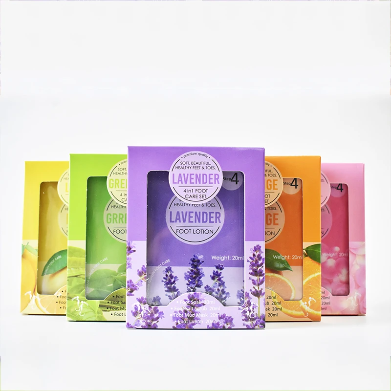 

Lavender Scent Pedicure Foot Bath Spa Kit in A Box 4 in 1 Including Salt Soak Sugar Scrub Moisture Mask Massage Cream