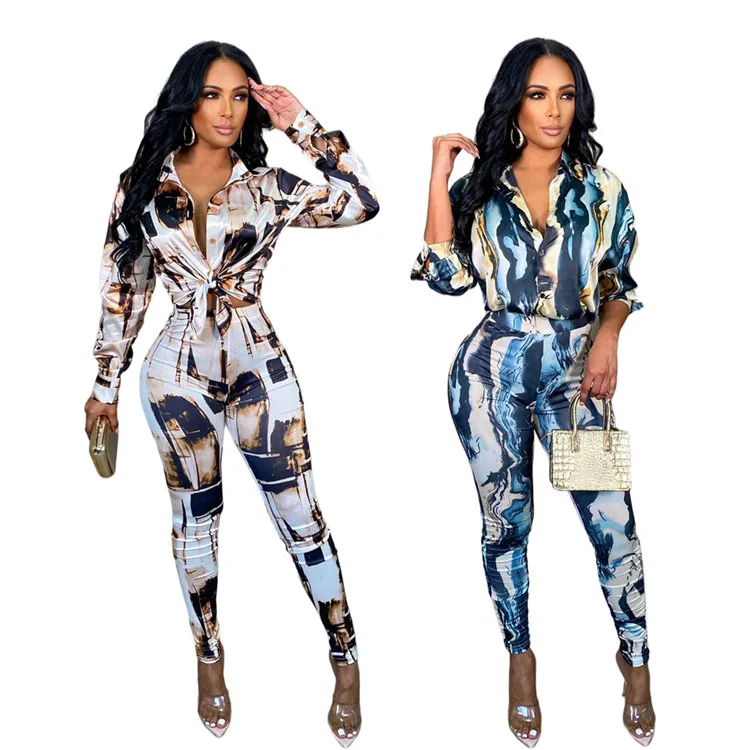 

2022 Fashion Ladies Casual Clothing Long Sleeve Irregular Printing 2 Piece Outfits Womens Two Piece Pencil Pants Set, Picture shown