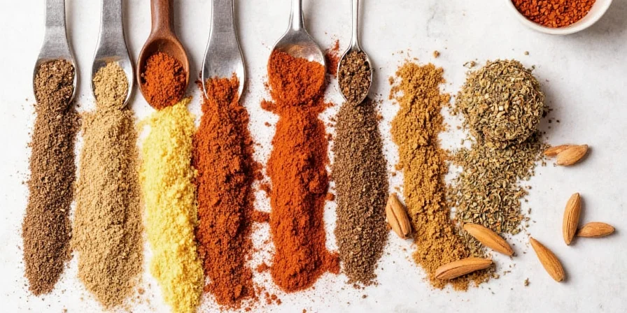 A well-stocked spice rack showing various savory spices