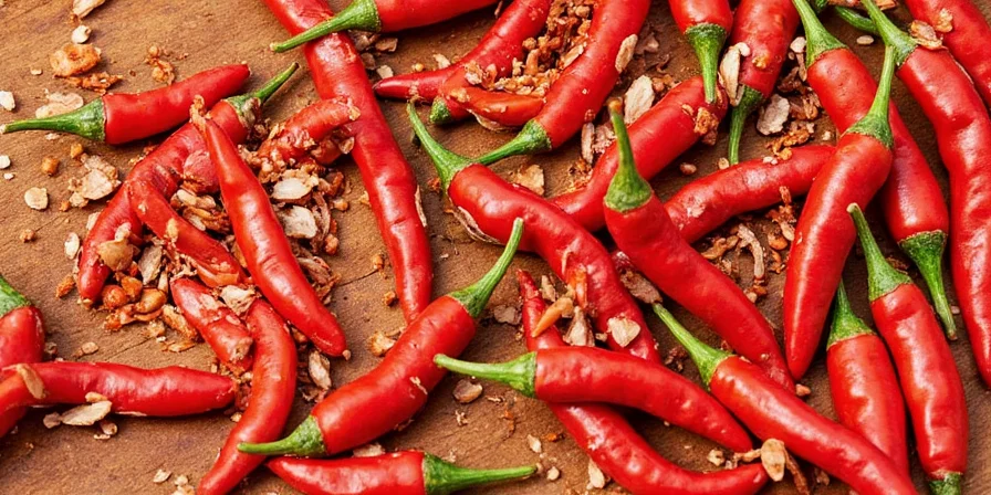 Dried ancho chilies lined up on a wooden table