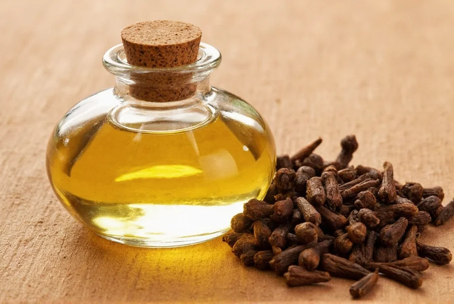 Clove oil bottles displayed on wooden table with whole cloves