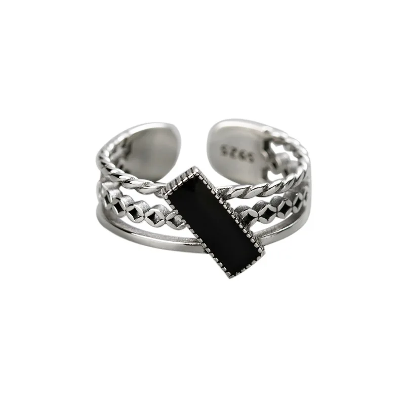 

Simple Vintage Black Zircon Jewelry 925 Sterling Silver Hollow Open Rings for Women