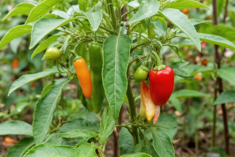 Serano pepper plants growing in garden showing multiple stages of ripeness from green to red