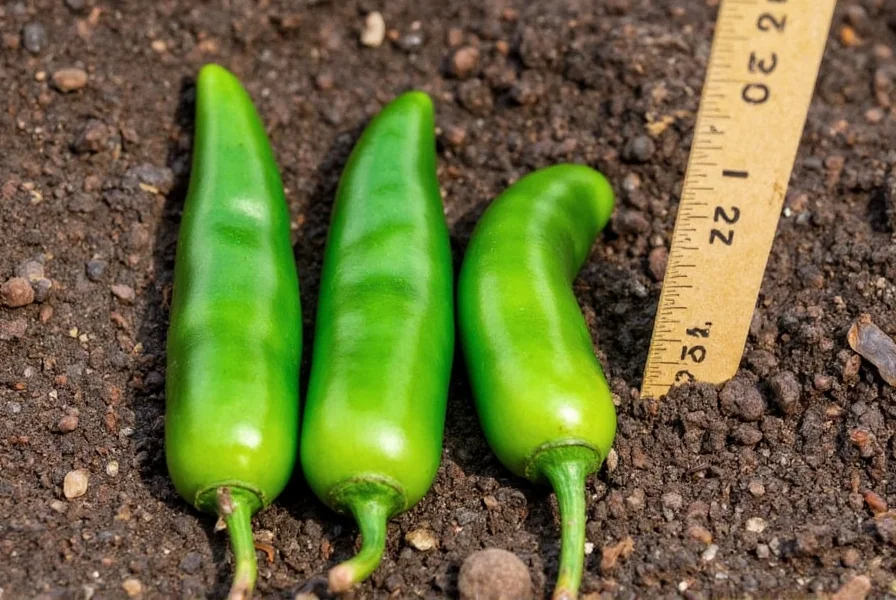 Close-up of jalapeno pepper seeds on soil with planting depth measurement