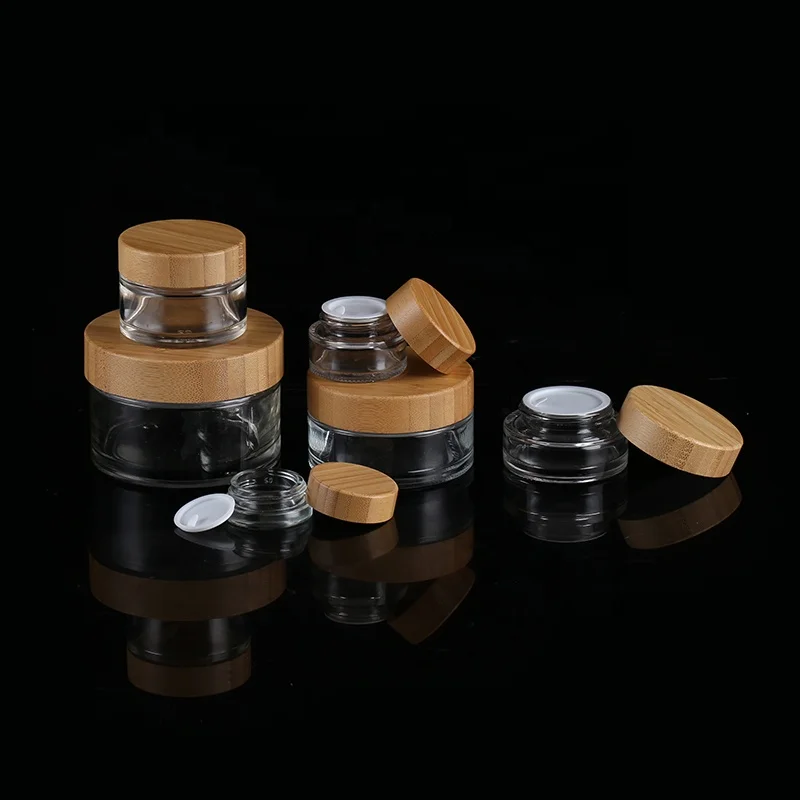 

15g small clear and frosted glass bamboo cream jar with bamboo lid set