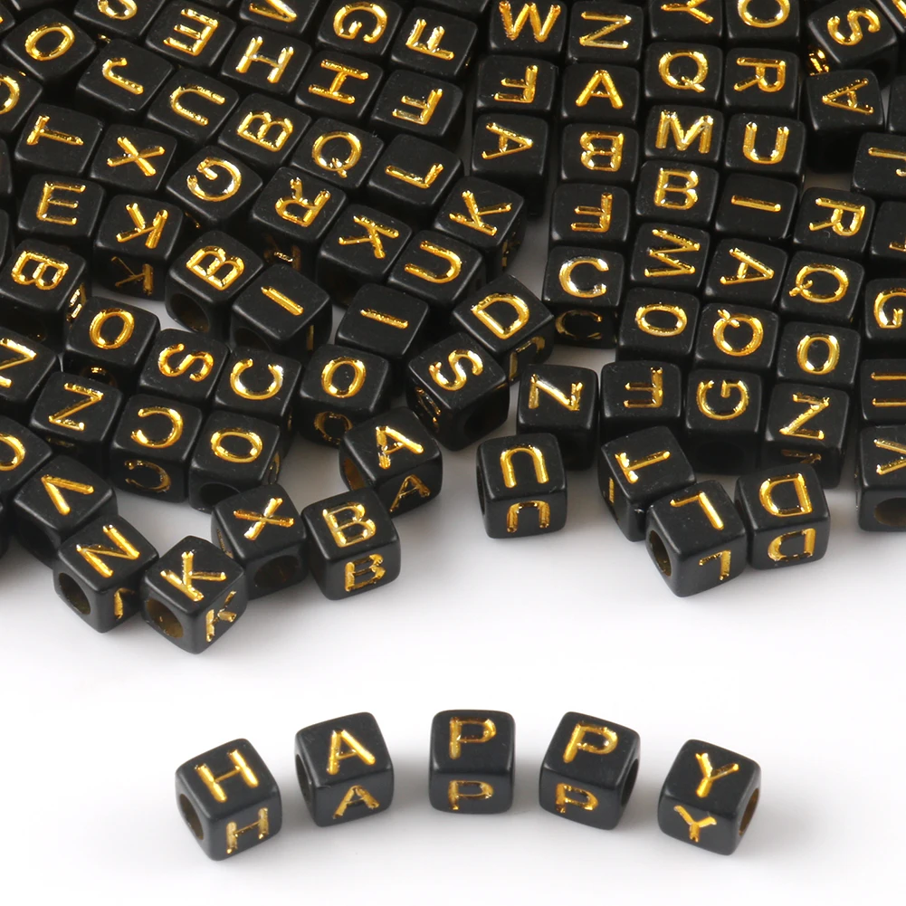 

Wholesale Mixed  Square Shape Acrylic Letter Beads Black Cube Gold Alphabet Beads for Diy Bracelet