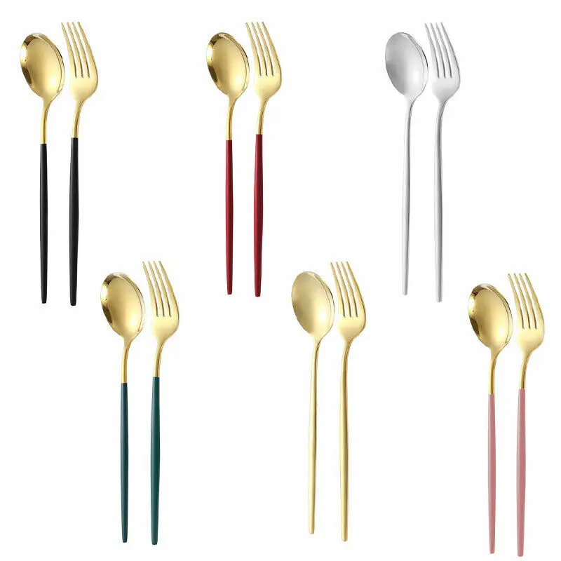 

Spoon Fork Set Gold Silver Stainless Steel 304 Cutlery Tableware Dining Kitchen Gift, Silver/gold with white handle