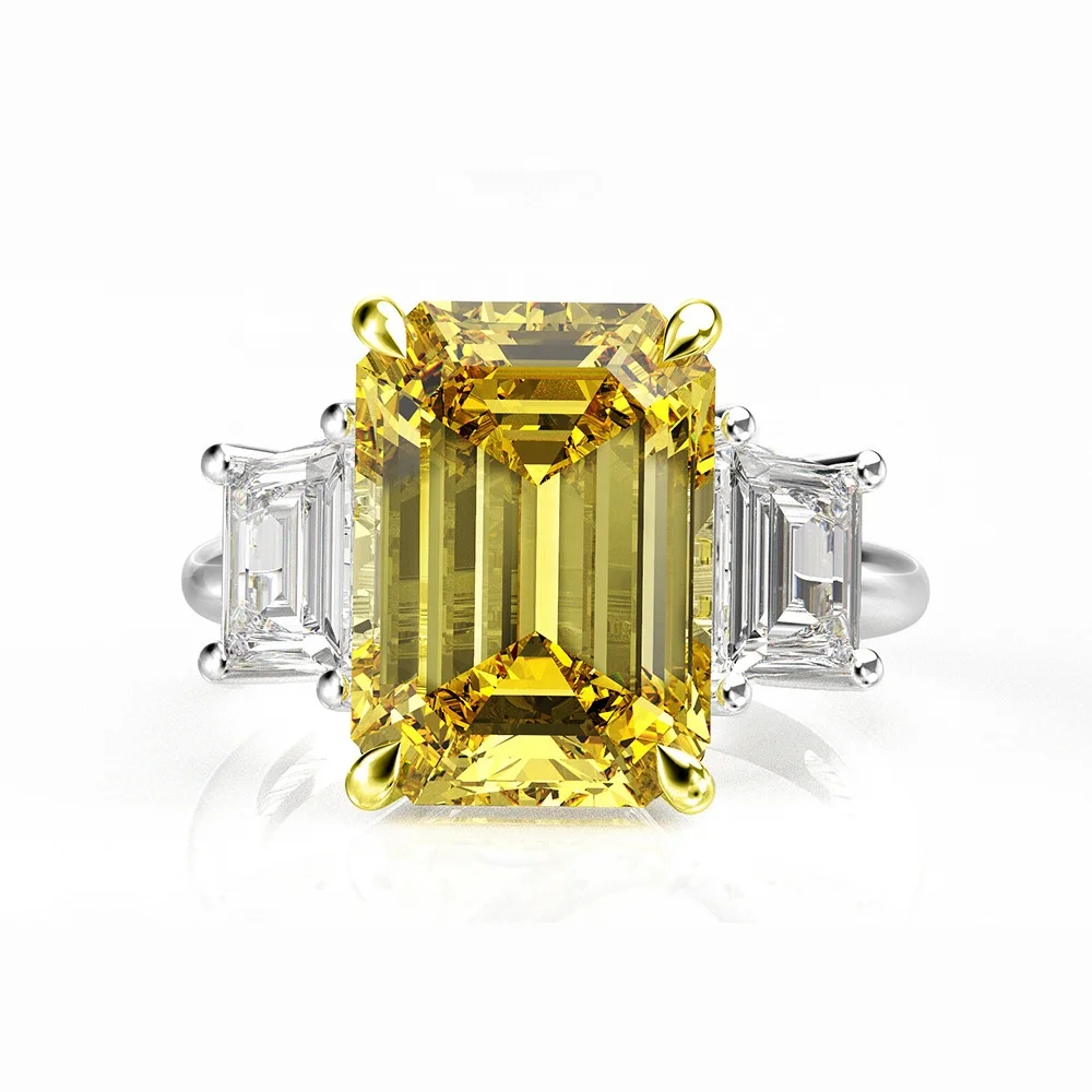 

Best Selling Sterling Silver Artificial Gemstone Rectangular 10*14 Diamond Beautiful 14 CT All-match Yellow Zircon Ring