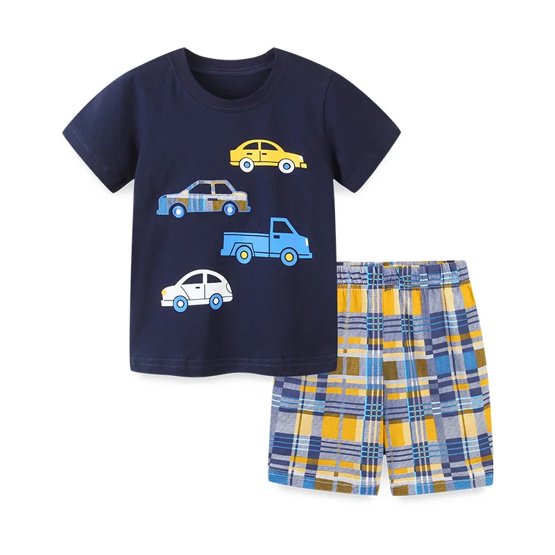 

2021 Latest Design 100% Cotton Car Printed pullover o-neck t-shirt with plaid shorts two pieces Set Boy's Clothing, As pics