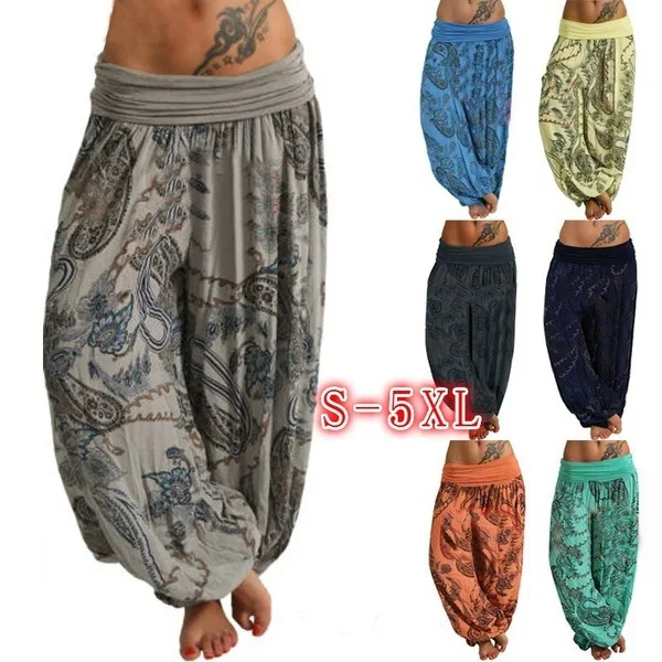 

PSWP2012 Hot Selling Women's Clothing Trend Plus Size Full Print Casual Wide Leg Pants Women, As show