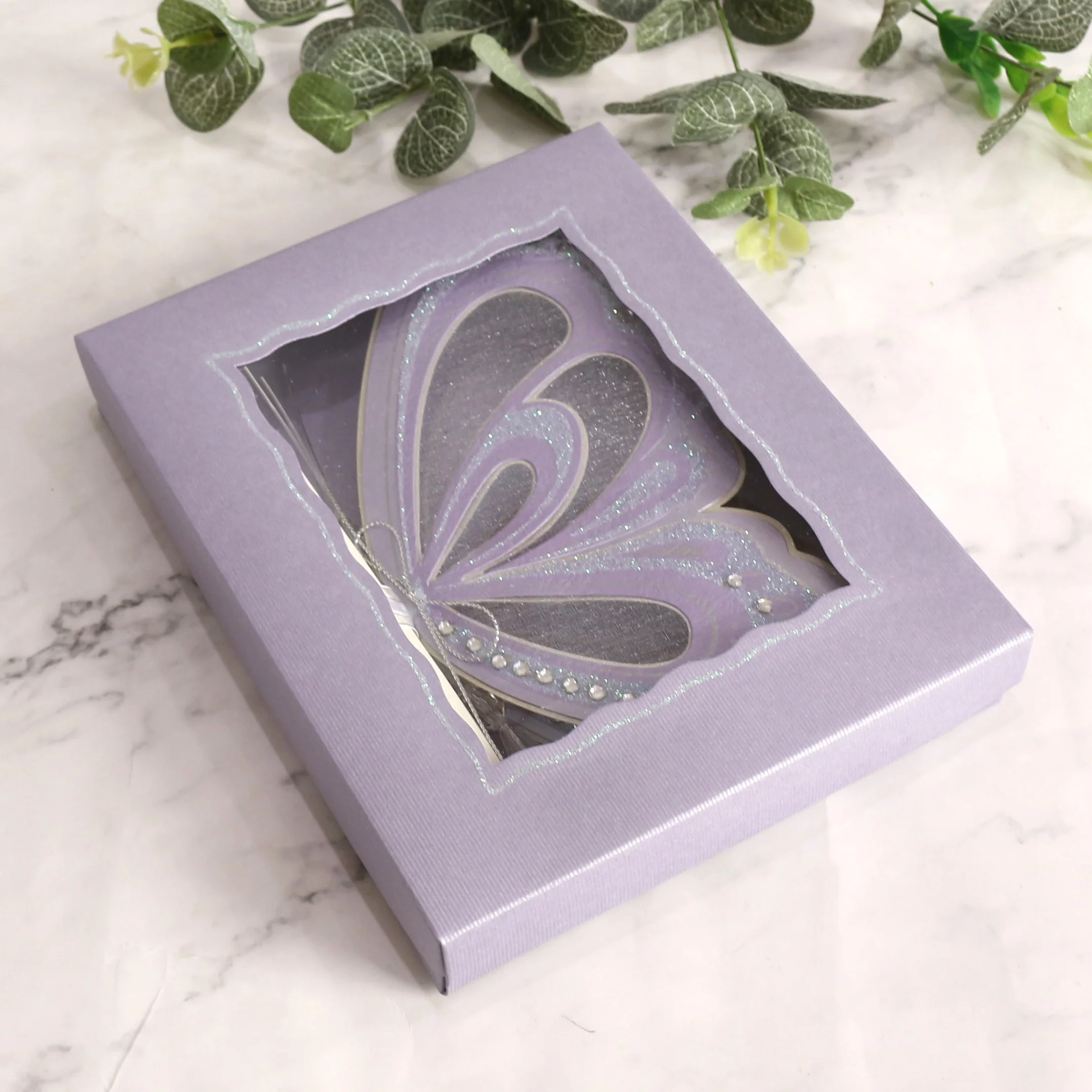 

Fancy Crystal Lavender Butterfly Wedding Invitations Scroll Cards With Box