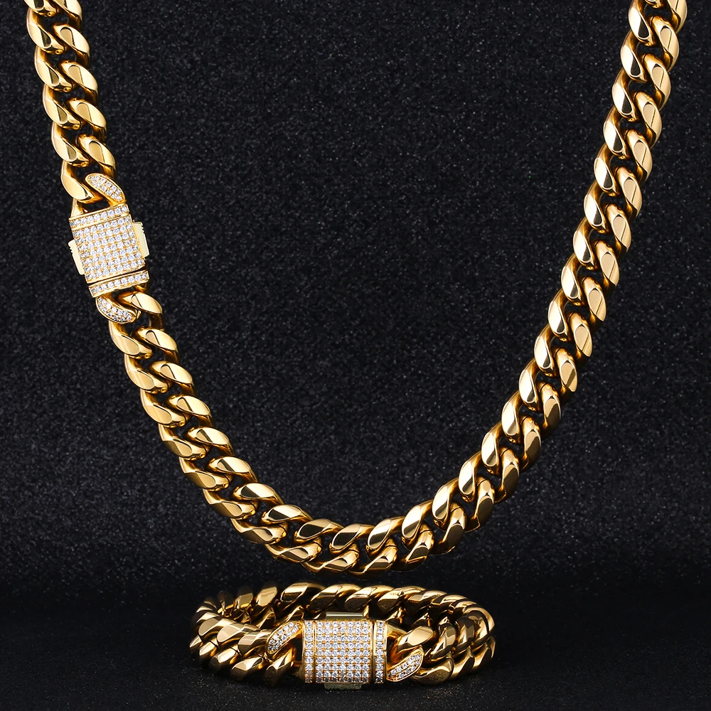 

KRKC Drop Shipping 1pcs Service 12mm 18K Gold Plated Miami Stainless Steel Cuban Link Chain with Iced Clasp