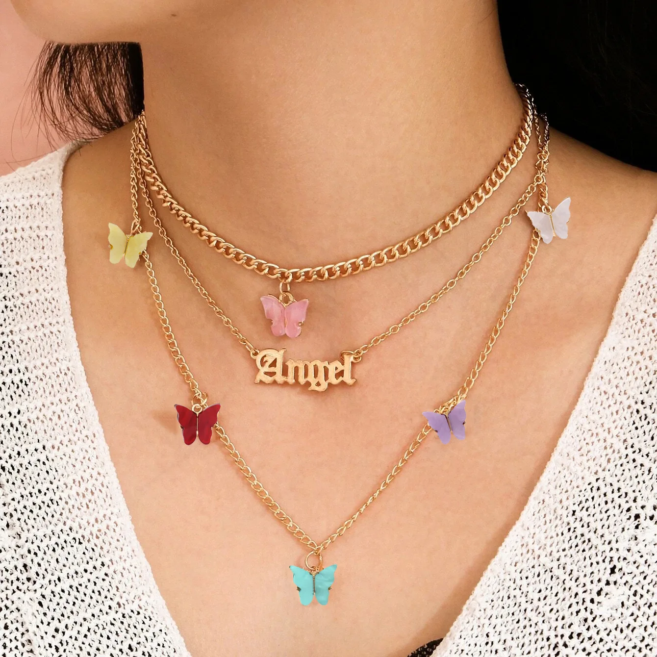 

Wholesale Hot Sale Colored Butterfly Charm Clavicle Chain Necklace 3 Layers ANGEL Letter & Animal Butterfly Pendants Necklace