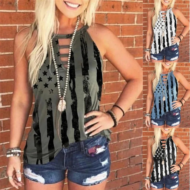 

Women Sleeveless Star Print Cut Out Stripeed Loose Blouse T-Shirt
