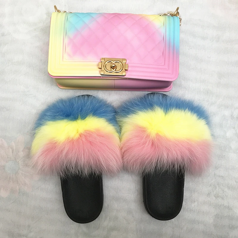 

2022 custom USA jelly real fur sandals slides handbags and purses with full shoe sizes fur slides with purse set, We can do any color