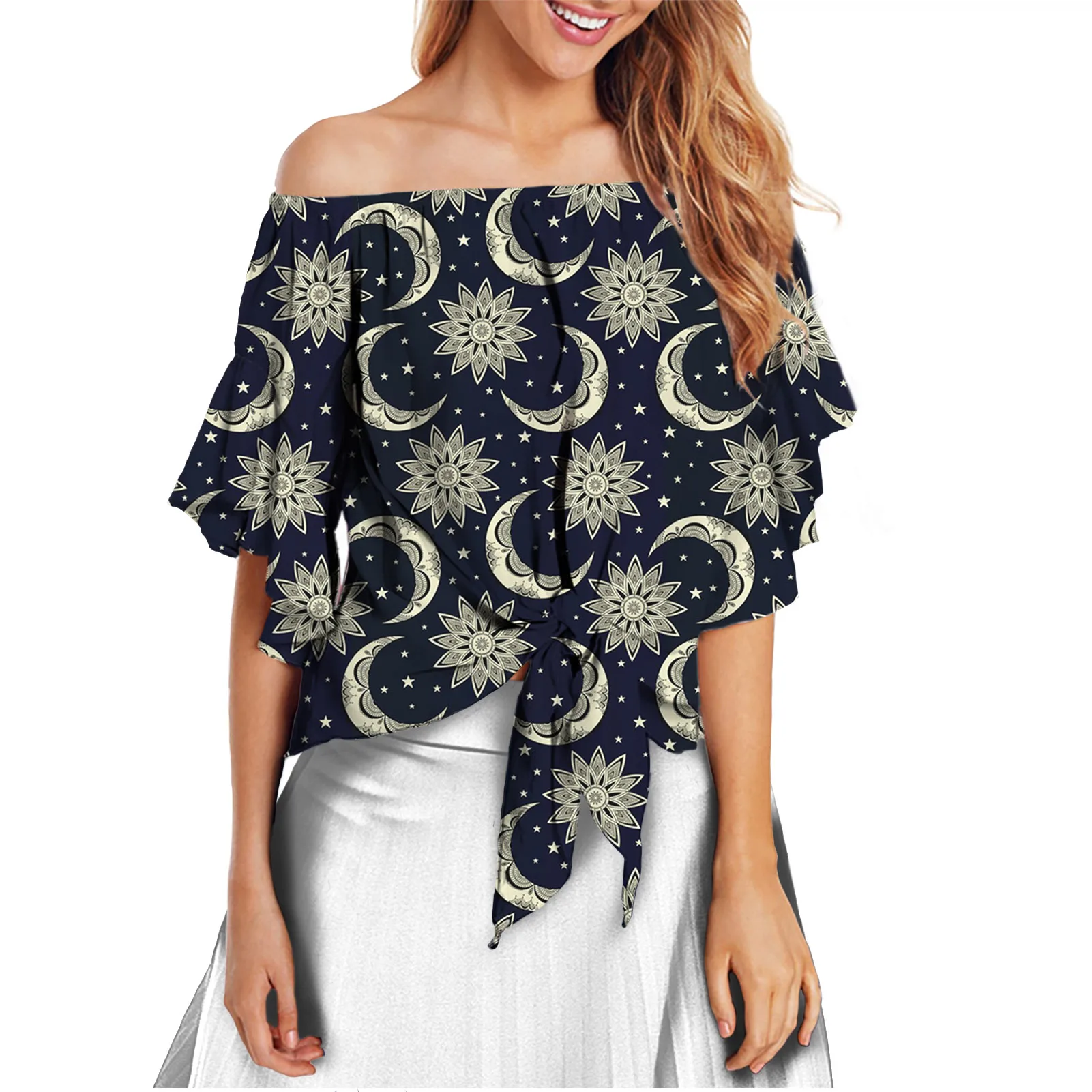 

Fancy Sun Moon Print Blouse Tops for Women Trendy Fashion Off The Shoulder Shirts Bell Sleeve Tie Knot Summer Short Sleeve