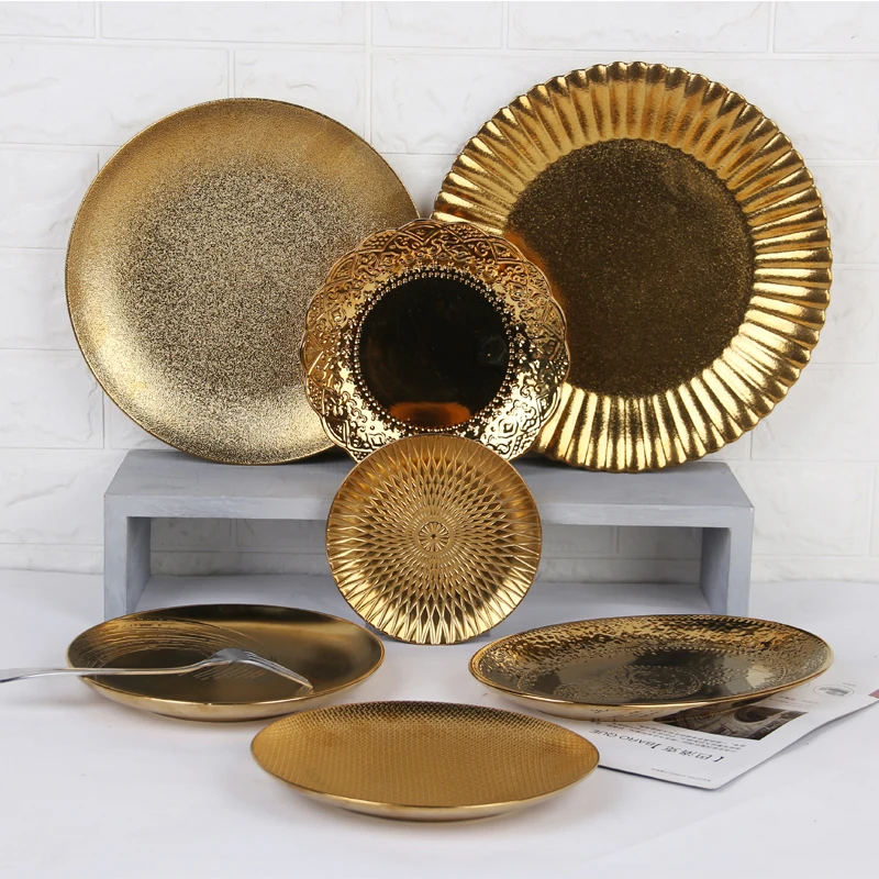 

Nordic style ceramic ion plating golden Colour luxury jewelry show display for events pastry dish tapas plate tableware, Blue