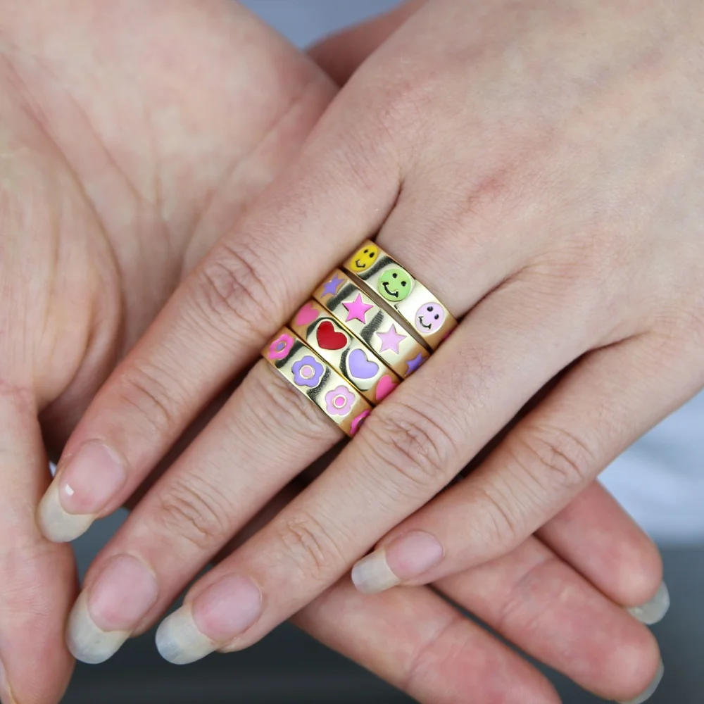 

New arrived hot sale gold wide band ring with colorful enamel smail face star heart shape finger rings for women jewelry