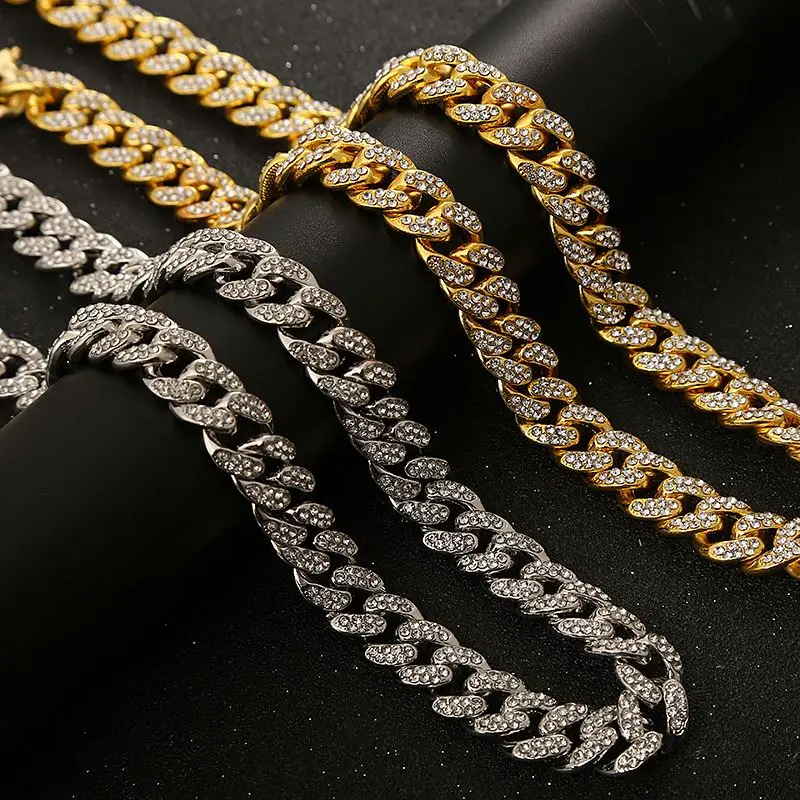

wholesale high quality  fashion hip hop necklace jewelry chains iced out rhinestone diamond gold cuban link chain for men, Gold, silver, rose gold or customized