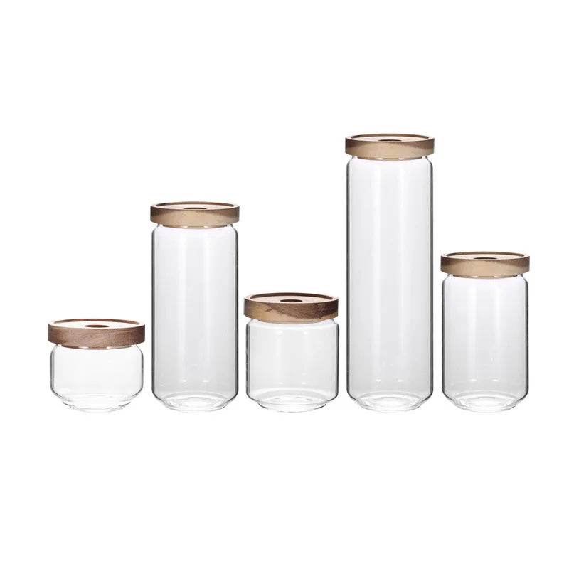 

Canister Set of 5 Glass Kitchen Canisters with Airtight Acacia Wood Lid Glass Storage Jars for Kitchen, Transparent