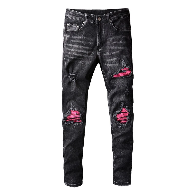 

Rts For 806 Black Destroyed Skinny Black Damaged Slim-Fit Ripped Tapered Ripped Skinny Patched Biker Scratch Pants Men Jeans