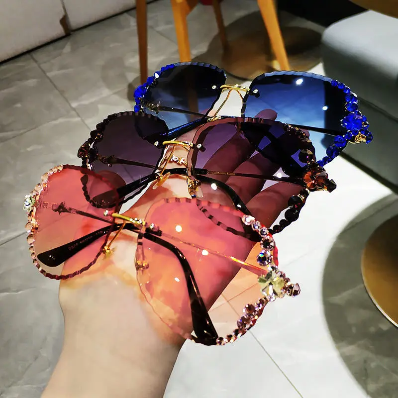 

European America designer fashion luxury trendy oversized bling half diamond frame women shades sun glasses sunglasses 2021