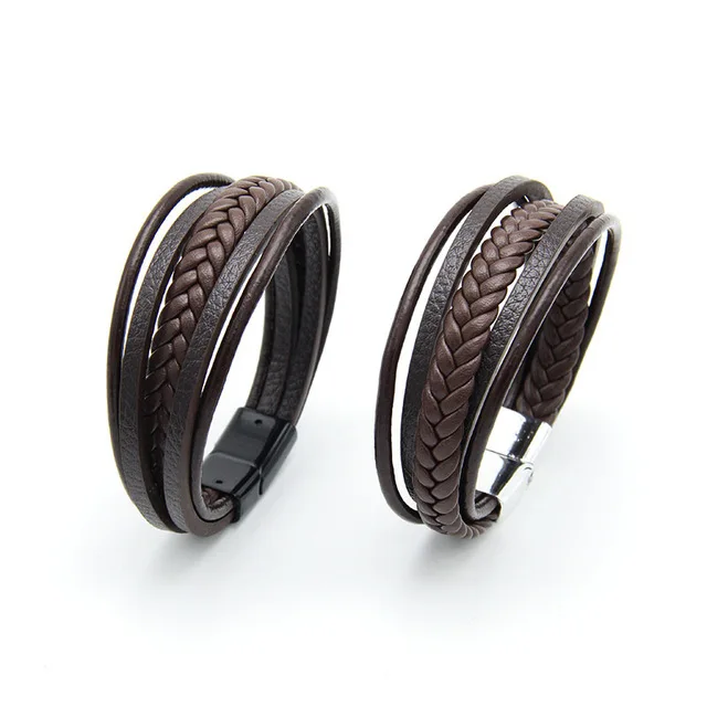 

Wholesale 2021 New Design Mens Genuine Double Wrap Leather Bracelet Handmade Braided Magnetic Clasp bracelet