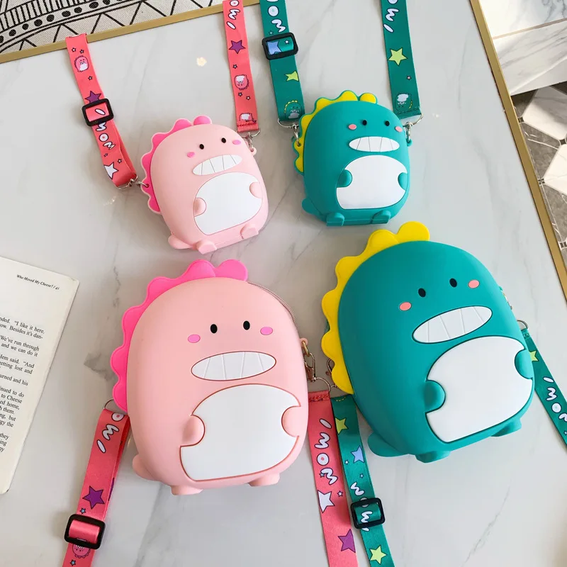 

Lovely wholesale factory silicone hand rope wallet cute girls mini cute dinosaur cartoon small rubber coin purse tape design, Custom