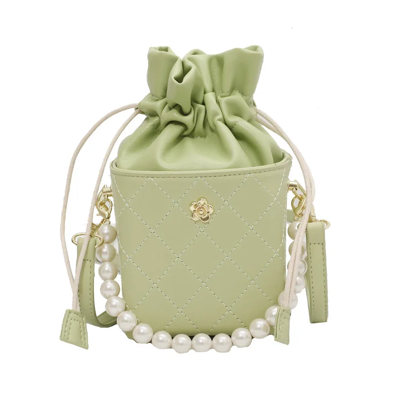 

Fashion Diamond Lattice Drawstring Bucket Bag Ladies Sling Crossbody Single Shoulder Bags Pearl Handle Women Handbag Purses, Black,yellow,green,beige