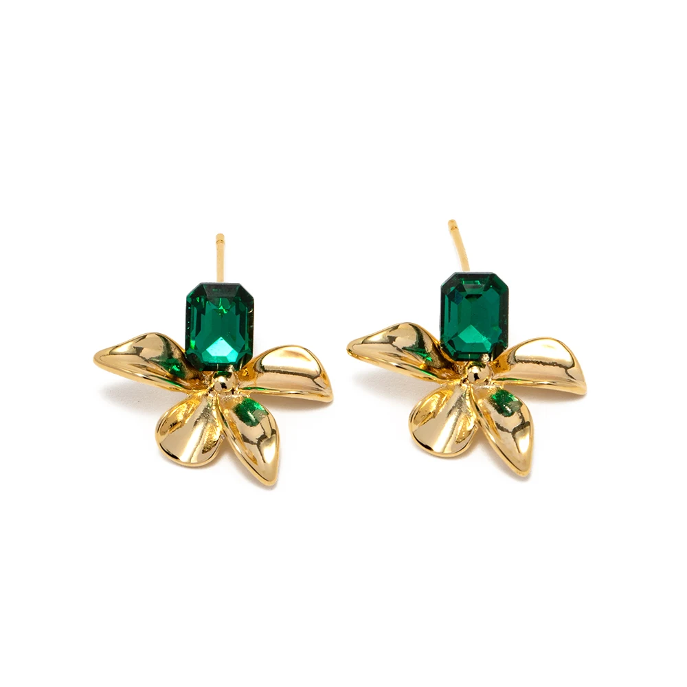 

Delicate Jewelry 18K Gold Plated Green Synthetic Rhinestone Magnolia Flower Earring for Girls