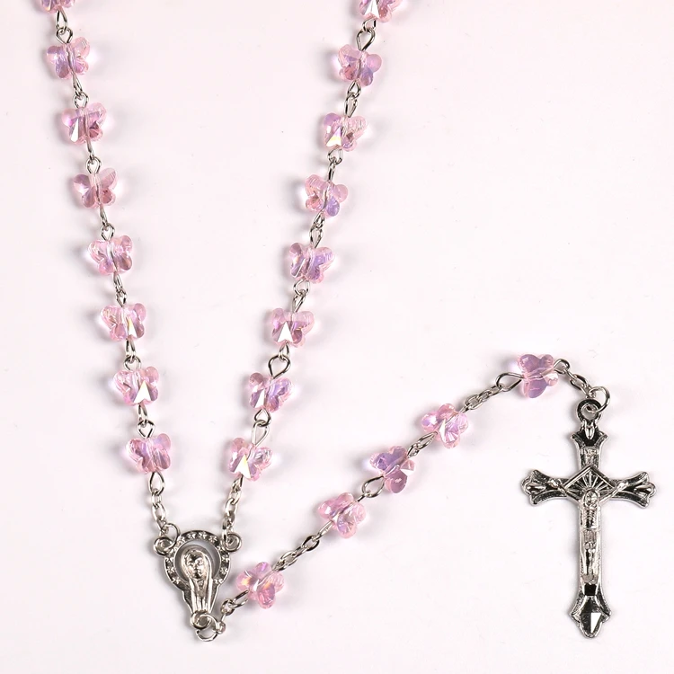 

Exquisite Pink Glass Beads Crystal Butterfly with AB Finished Factory Made for Catholic Pray Rosary