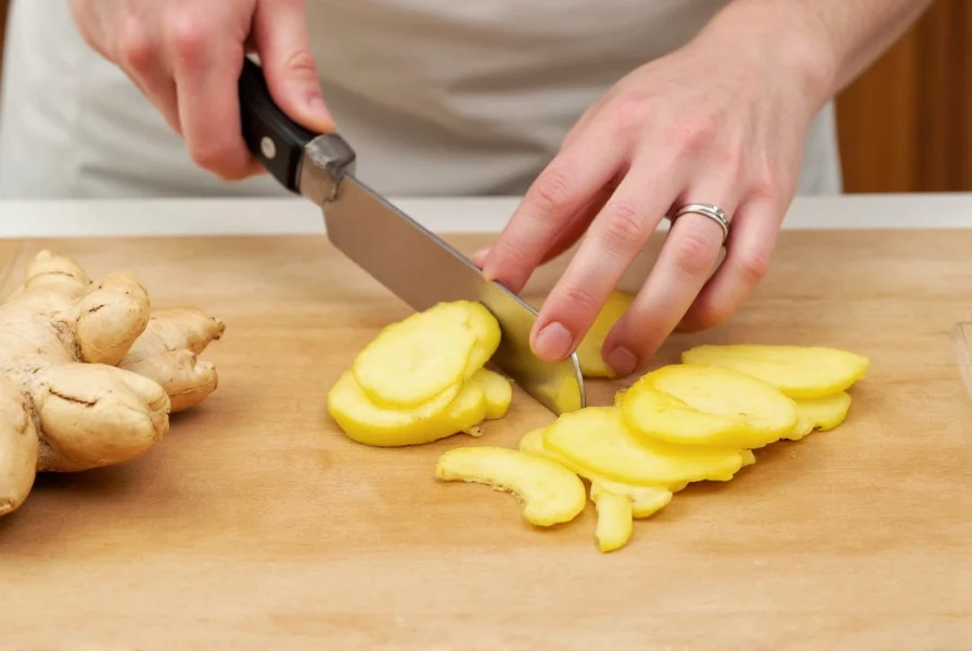Fresh ginger root being sliced for tea preparation