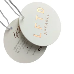 Customized recycled garment printed gold foil round hang tags with string white cardboard circle paper hang swing tag