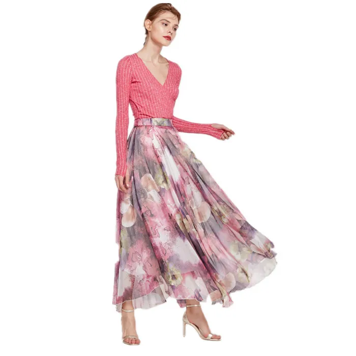 

chiffon lady maxi casual summer lady women beach printed skirt
