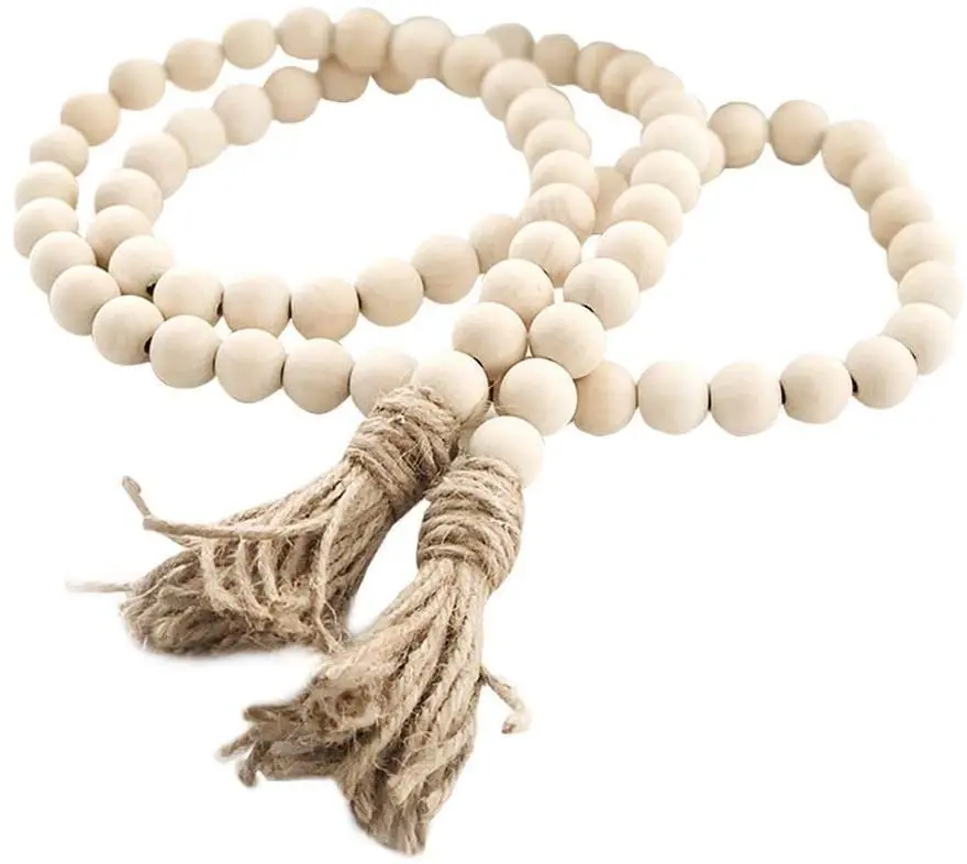 

Amazon Hot Sale Factory Origin Farmhouse Beads Rustic Nature Country Decor Prayer Boho Bead Decor With Tassels Wood Bead Garland