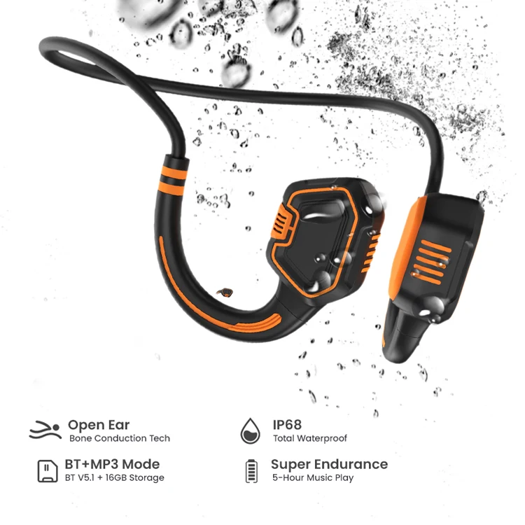 

OEM IP68 Waterproof Swimming Headset Bone Conduction Headphones Sports Wireless Stereo Bluetooth Earphone with MP3 16GB Storage, Black-orange