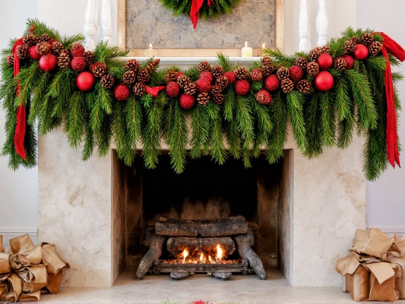 Red and green pinecone Christmas garland draped over fireplace