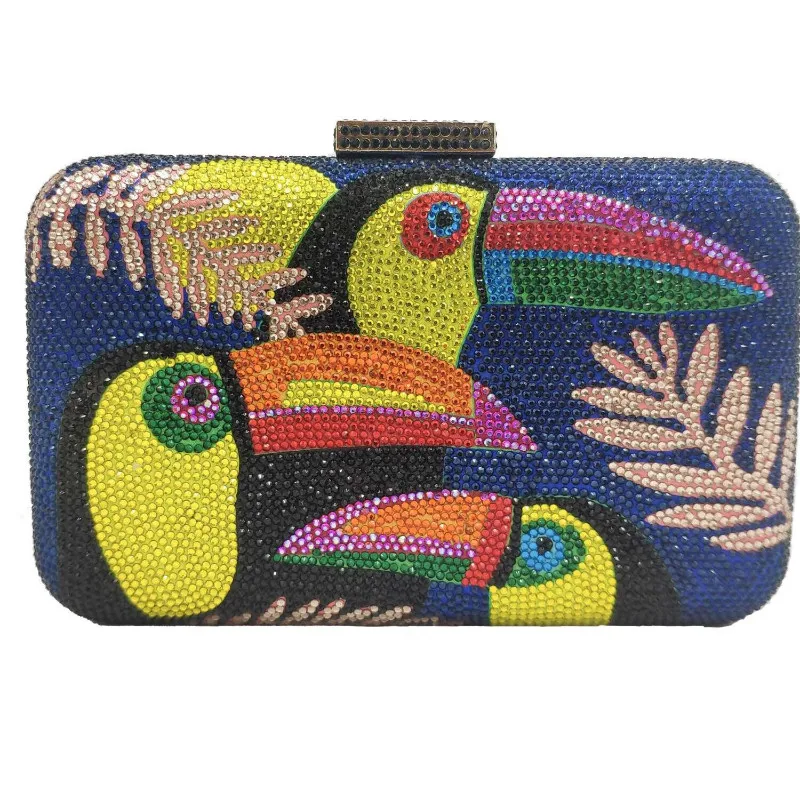 

New Design Good Quality Colorful Wedding Bridal Clutch Bags Bird Pattern Full Crystal Candy Color Bag Rhinestone HandBag, Multi