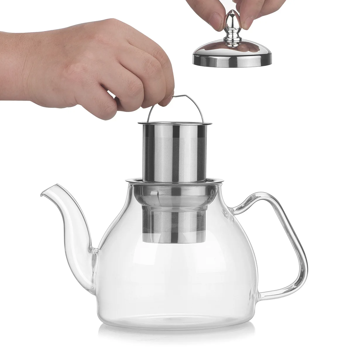 

New design tea water separation health high borosilicate handblown glass teapot with Split stainless steel filter strainer, Transparent