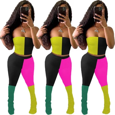 

2021 Hot Sale Patchwork Tube Top Two Piece Pants Set Summer Women Clothes Ladies Casual Stacked Trousers Suit