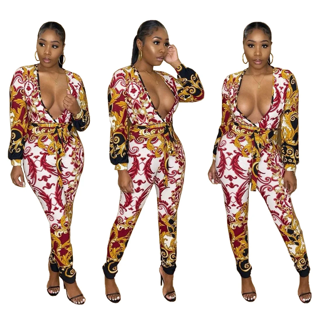 

High-Quality Personalized Totem Print Casual Sexy Jumpsuit, Black