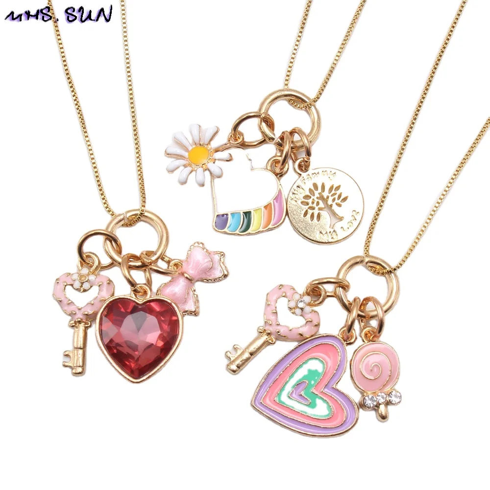 

Wholesale Kids Jewelry Heart lock and key Design Little Girls Pendant Necklace, As picture show