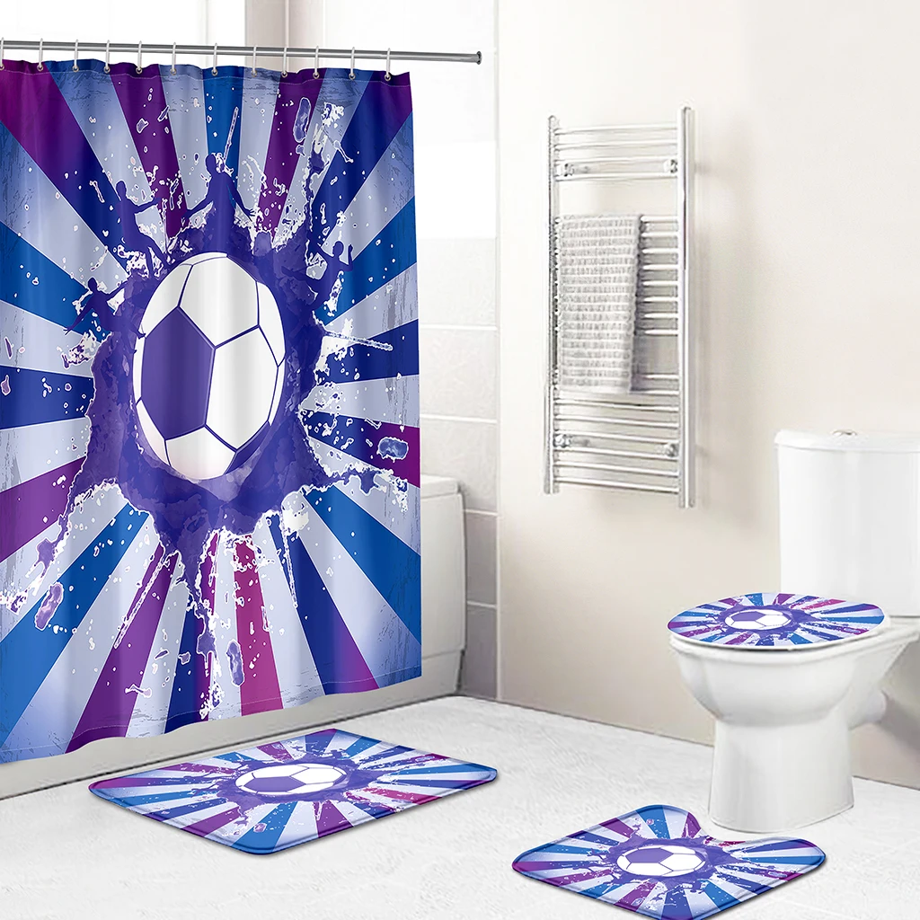 

Drop Shipping 1Set Custom Logo 3D Football Shower Curtain Sports Themed Designer Bathroom Shower Curtain Set for Bathroom