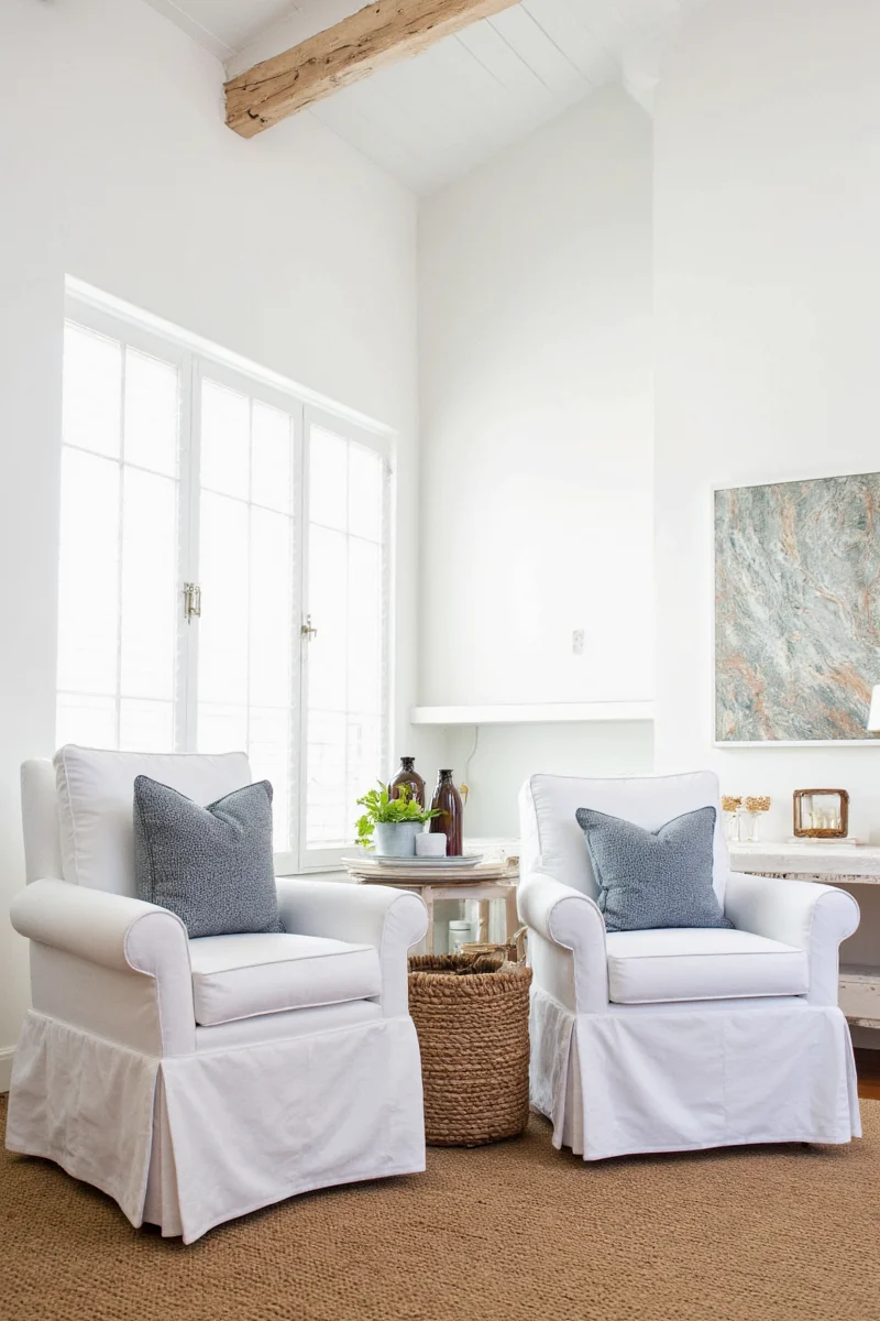 Slipcovered chair with removable cushions and patterned pillows