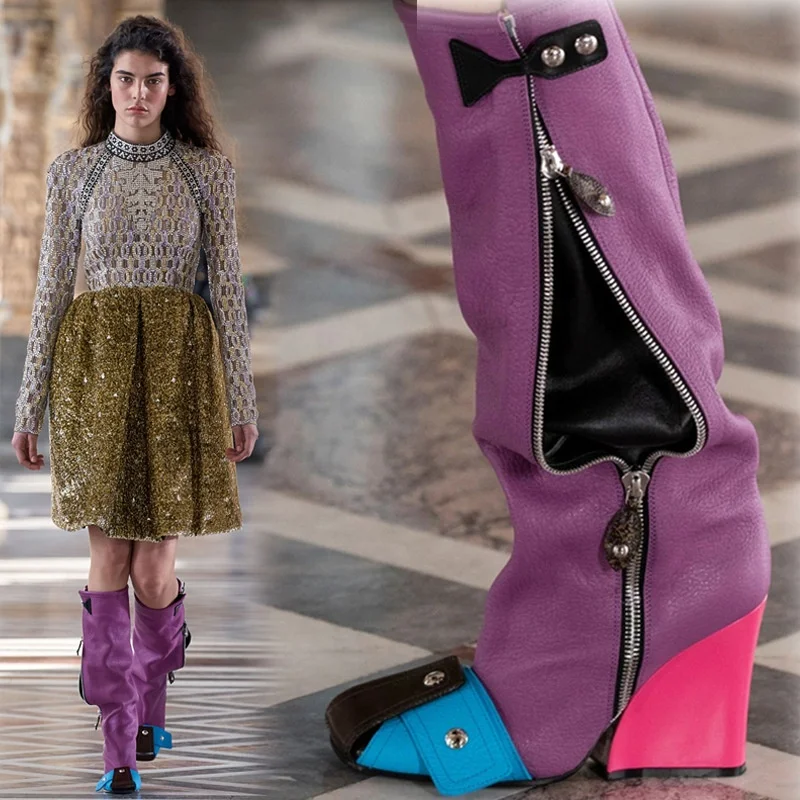 

New Sexy Square Head Designer Knee High Boots Women Color Matching Genuine Leather Strange Heel Knee Boots Zipper Up Shoes, Black,brown,purple,green,dark blue