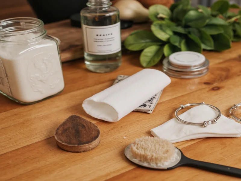 Homemade ring cleaner supplies on wooden table