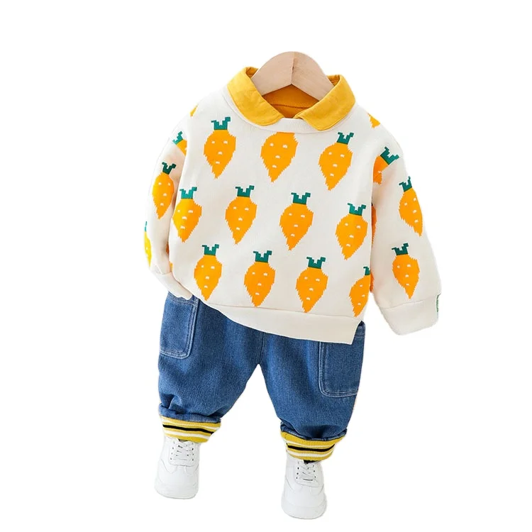 

KBEa94003 Baby velvet thickening autumn and winter clothing set boy radish printing sweater two-piece children clothing