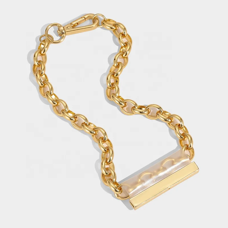 

Hip Hop Personalised Trendy Brushed Brass Gold Plated Ring Clasp Thick Chain Necklace, Picture