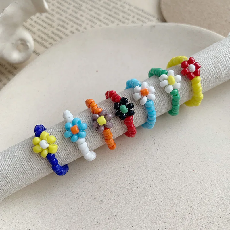 

Ring yellow blue orange mixed Colorful Round rice bead woven flower ring girl daily decoration holiday birthday surprise gift